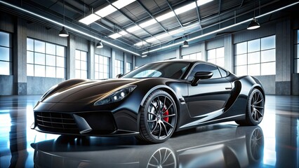 Fototapeta premium Sleek, black, and powerful, a newly-unveiled sports car flaunts its curves and aerodynamic design, gleaming under bright lights in a modern showroom setting.