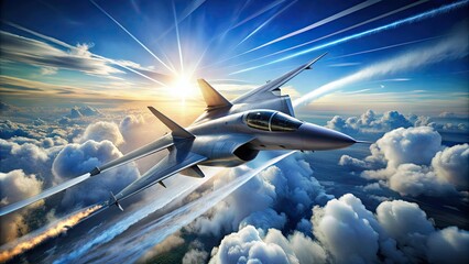 Sleek, high-tech military fighter jet soaring through cloudy blue sky with contrails streaming behind, symbolizing power, speed, and advanced technology.