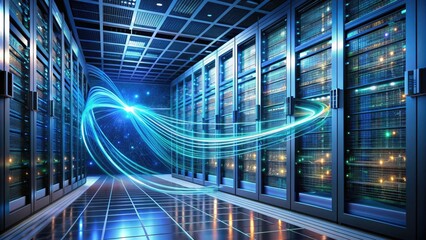 Sleek, modern, flat-lay illustration of a server rack amidst swirling data streams and digital circuitry, representing efficient data management and processing.