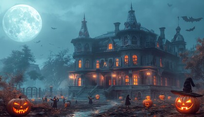 Spooky haunted house at night with glowing pumpkins, witches, and full moon creating a perfect Halloween atmosphere.