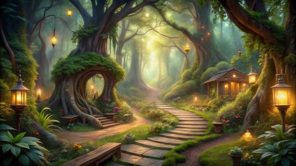 Enchanted Forest: Whimsical curves, lush greenery, rustic wood, magical atmosphere