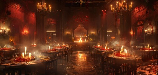 Obraz premium Elegant, dimly lit dining hall with ornate chandeliers and candlelit tables. Romantic and luxurious ambiance perfect for special occasions.