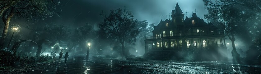 Obraz premium Eerie, foggy night scene with a haunted mansion, dark trees, and mysterious figures under dim streetlights.