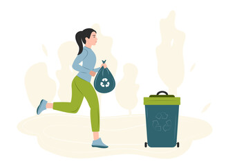 Plogging concept. Young woman run with a bag of trash. The eco-friendly workout trend. Vector illustration isolated on white background.