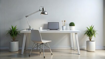 Fototapeta premium Sleek, modern workspace features a sparse, white desk with a single, silver desk lamp and a few, carefully placed, minimalist decorative objects.