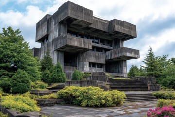 Fototapeta premium A brutalist architectural masterpiece made of concrete set harmoniously amidst lush green plants, presenting a striking contrast between the modern structure and natural surroundings.