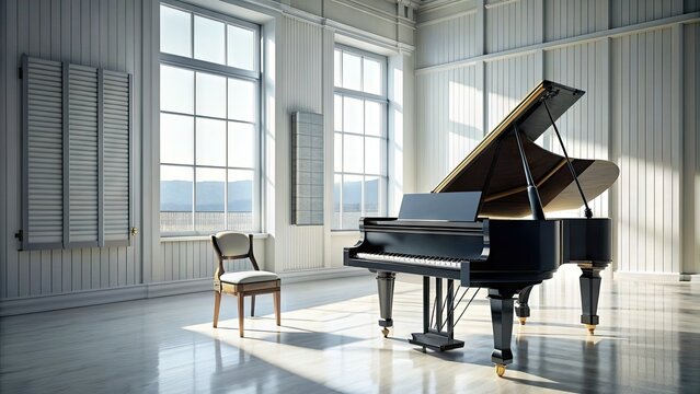 Sleek black grand piano stands alone in a bright, empty white room, surrounded by a few carefully placed, slender music sheets and a solitary wooden chair.