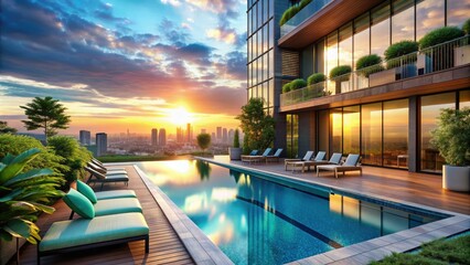 Fototapeta premium Sleek modern apartment building with turquoise swimming pool and lounge chairs, surrounded by lush greenery and overlooking a bustling cityscape at sunset.
