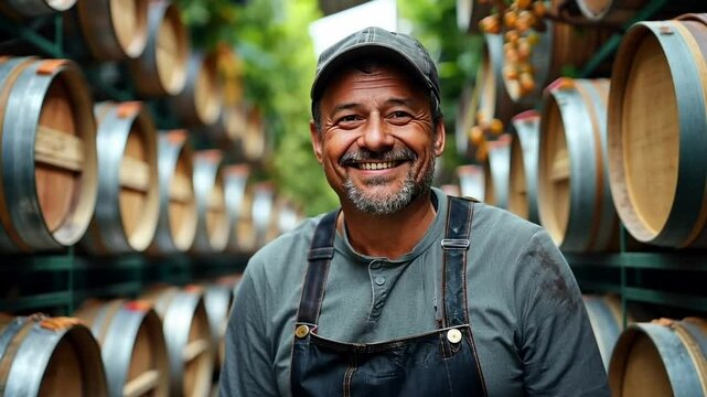 A skilled winemaker proudly showcasing barrels in a scenic vineyard during the autumn harvest season