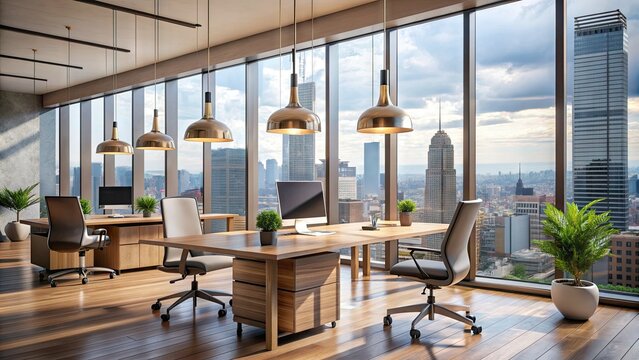 Sleek minimalist workspace features ergonomic chairs, wooden desks, and modern lighting fixtures surrounded by floor-to-ceiling windows with a cityscape view outside.