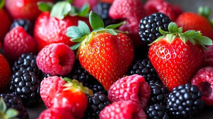 Fototapeta premium A close-up shot of assorted fresh berries, including strawberries, raspberries, and blackberries, showcasing vibrant colors and ripe fruit.