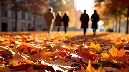 road of autumn leaves in park with walking people in background