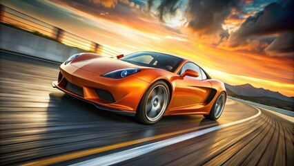 Naklejka premium Sleek Orange Sports Car At High Speed Leaving Motion Blur On An Asphalt Racetrack