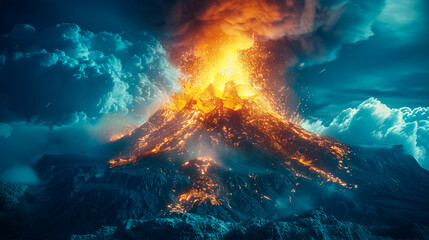 Eruption of lava from a mountain, highlighting the power and beauty of a volcanic explosion