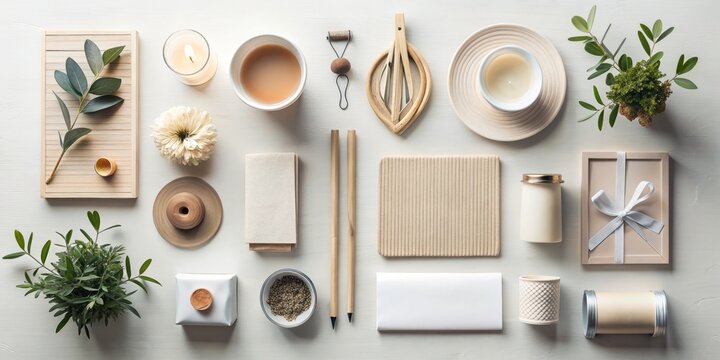 Flat Lay Elegance: Neutral tones, minimalist composition, sophisticated arrangement, serene mood, clean details, elegant.