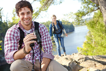 Happy man, binocular or couple in portrait or forest for outdoor adventure or birdwatching in...