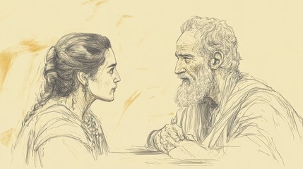 Obraz premium Mordecai and Esther’s Leadership: A Moment of Mutual Respect as They Discuss the Future of Their People in the Royal Palace - Biblical Illustration