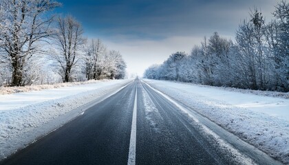Straight road covered with snow and ice at winter