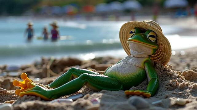 A green frog wearing a straw hat relaxes on sandy beach while tourists enjoy the water on a sunny summer day