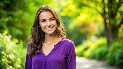 Fototapeta premium Smiling young adult female wearing a vibrant purple blouse with a relaxed fit, standing in a bright outdoor setting with a natural backgroundscape.