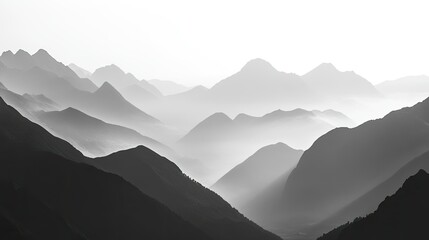 Fototapeta premium Black and white mountain range silhouette. Wide view with fog. Background of mountain ridges and hills.