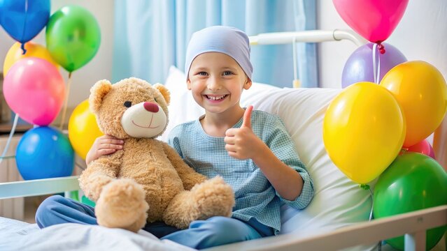 Smiling young cancer patient sitting on hospital bed, surrounded by colorful balloons and toys, holding a teddy bear and showing a thumbs up sign.