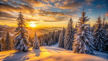 Obraz premium Snow-covered evergreen trees and frosty hillsides aglow with warm, soft, golden lighting as the sun sets on a serene winter wonderland evening landscape.