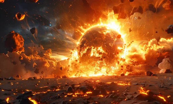 Dramatic asteroid impact unleashing fiery destruction over a distant planet