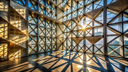 Geometric Tapestry of Light: Angular windows, structured panes, geometric patterns, dynamic shadows, play of light