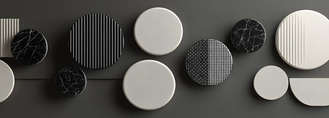 91. Abstract 3D wall art with floating geometric patterns and a polished ceramic circle background