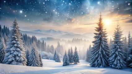 Snowflakes gently fall onto a serene winter wonderland background, featuring frosty evergreen trees, snow-covered hills, and a misty foggy atmosphere with a soft warm light.
