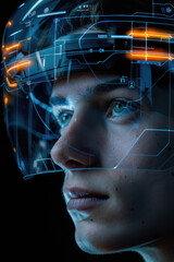 A young man engages with futuristic virtual reality technology, interacting with digital overlays and glowing elements