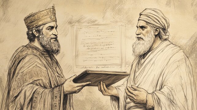Haman&rsquo;s Deception: Biblical Illustration of Him Presenting the Sinister Decree to King Xerxes, Masking His True Intentions with a Smile