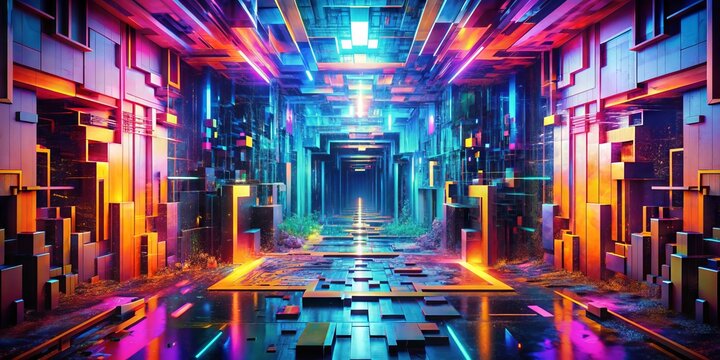 Glitch Art Labyrinth: Pixelated, Warped, Disrupted, Neon, Abstract