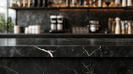 Black marble bar counter top with empty space or product mockup. restaurant counter. Cafe, Coffee shop, Countertop, Backdrop, Templates, Products display kitchen or bar. product placement