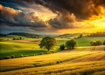 Fototapeta premium Golden Fields Over Green - Moody, panoramic, soft focus, warm tones, rural serenity
