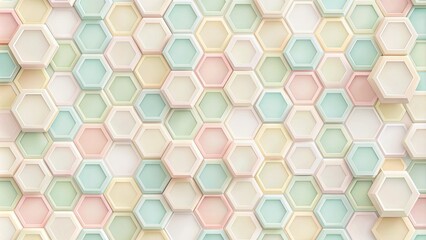 Soft, pastel-colored hexagons subtly intersect and overlap, creating a calming and intricate geometric pattern on a delicate, creamy white background.