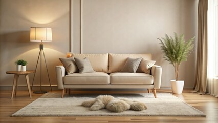 Soft beige sofa sits amidst calming cream-toned walls, plush area rug, and delicate floor lamp, exuding warm serenity in this cozy modern interior design.