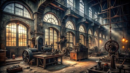 Obraz premium Gothic Industrial Workshop: Dark, moody, distressed, wrought iron, heavy machinery, gears, muted grays and blacks