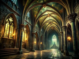 Fototapeta premium Gothic Masterpiece in Shadows: Mysterious architecture, pointed arches, dim lighting, rich textures, haunting atmosphere