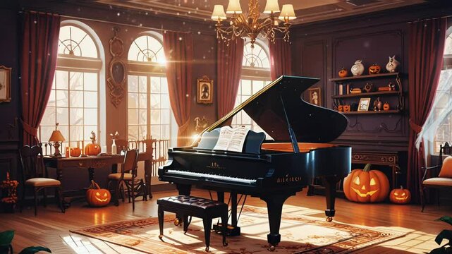 grand piano on helloween night, smooth looping video with 4K animation