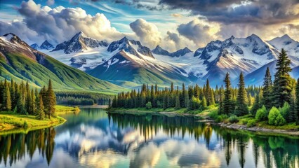 Fototapeta premium Softly blended watercolor hues capture the majestic beauty of Alaska's snow-capped mountains, icy lakes, and lush green forests in a serene and peaceful atmosphere.