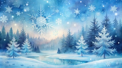 Obraz premium Softly blended watercolor hues create a serene winter background with gentle snowflakes, icy blues, and frosty whites, evoking a sense of calm and tranquility.