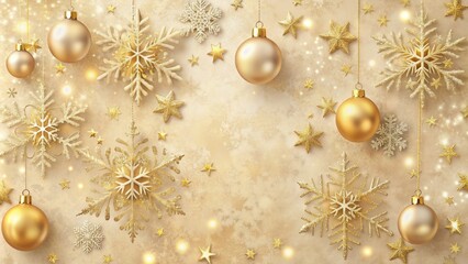 Fototapeta premium Softly textured beige background with subtle snowflake patterns and delicate golden ornaments, evoking a warm and cozy festive atmosphere for holiday designs.
