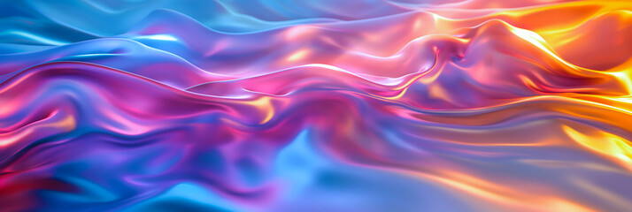 Obraz premium A soft rainbow wave of satin, creating a light effect, with a holographic texture having smooth flowing patterns, a background design in the world of fashion and digital art, a shiny surface. banner