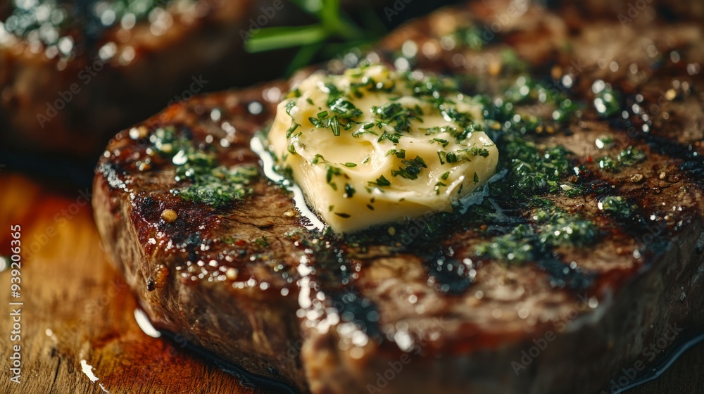 Wall mural Close-up of a juicy grilled steak topped with herb butter, perfect for a gourmet meal or food photography.