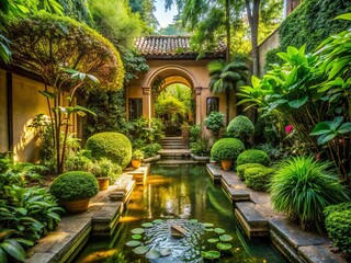 Fototapeta premium Hidden Garden Sanctuary: A secluded oasis within an urban landscape, featuring lush vegetation and intricate architectural details, offering tranquility and escape.