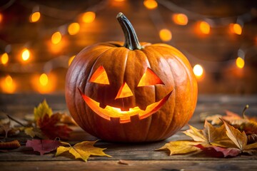 Fototapeta premium выcarved pumpkin on a wooden table. halloween autumn holiday