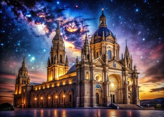 Obraz premium Illuminated Cathedral: Awe-inspiring, grandiose, reverent, royal, starry