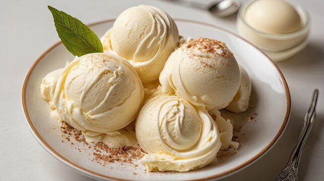Scoops of vanilla ice cream with crumbs on a plate.